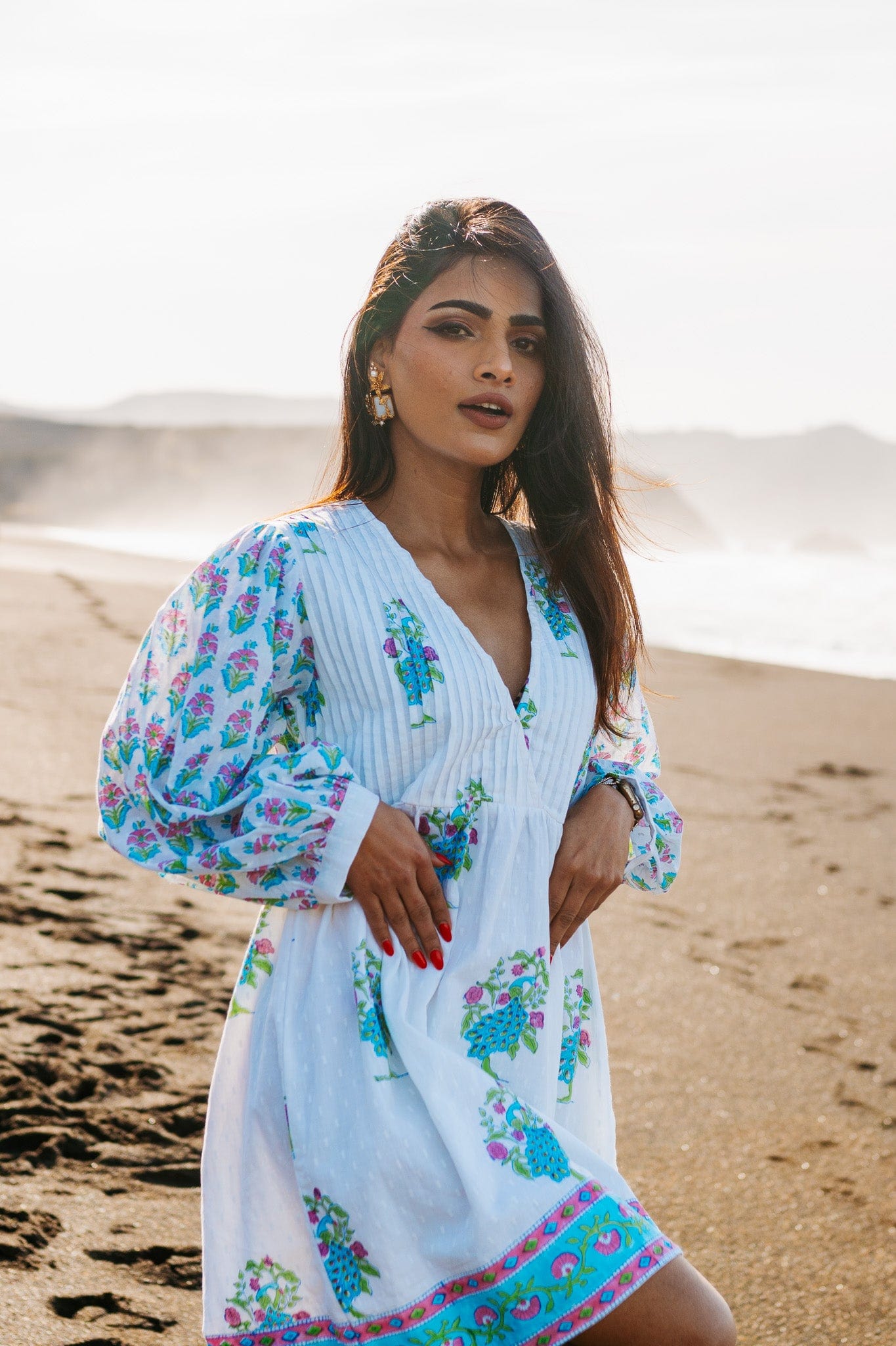 boho peacock dress Boho Rayon Sundress With Pockets: Green Peacock Print Festival Dress